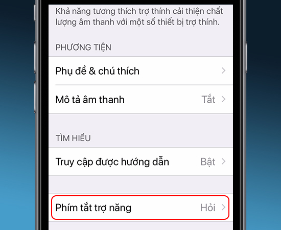 Chọn Phím tắt trợ năng