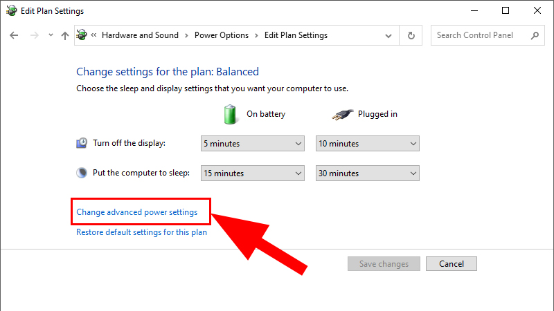 Chọn Change advanced power settings