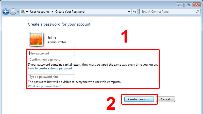Nhập mật khẩu, xác nhận mật khẩu, gợi ý mật khẩu và chọn Create password