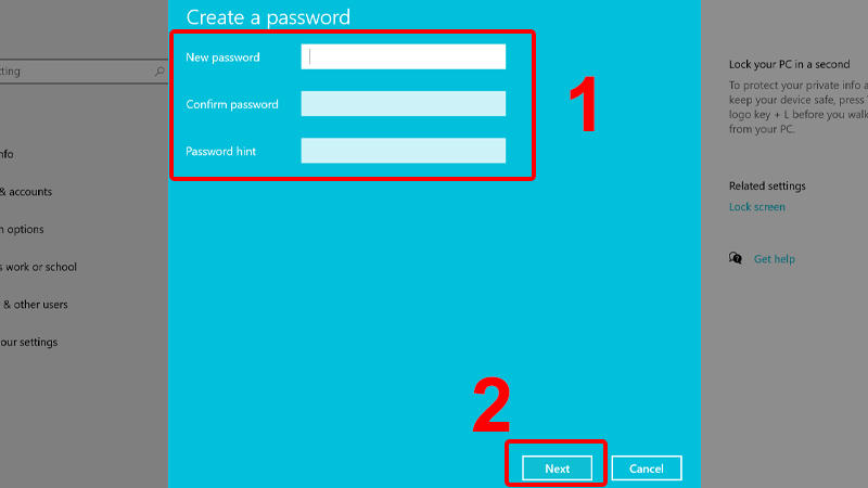 Nhập mật khẩu mới, xác nhận lại mật khẩu, gợi ý mật khẩu và chọn Next