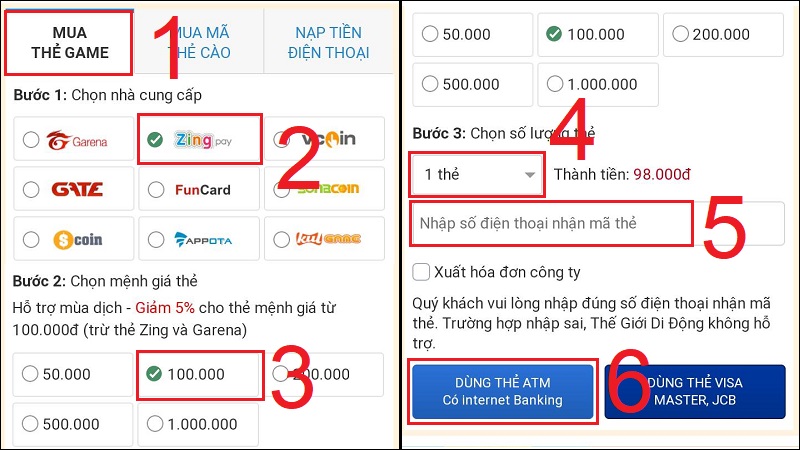 Chọn nhà cung cấp và mệnh giá mua thẻ