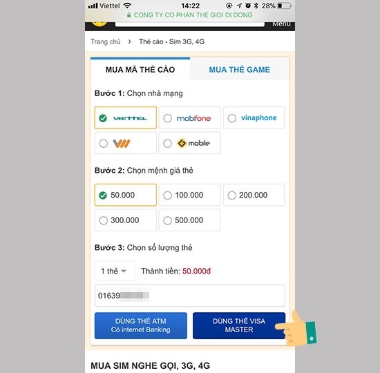 Cách mua thẻ cào online tại Thegioididong.com