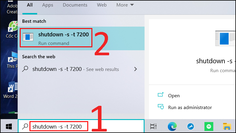 nhập shutdown -s -t 7200 > Nhấn Enter
