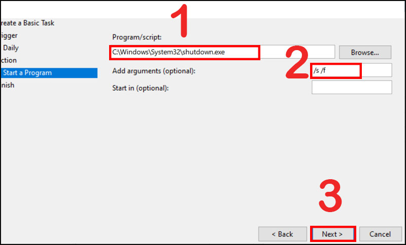 Tại mục Program/Script, nhập địa chỉ như hình > Mục Add arguements nhập /s /f > Nhấn Next.