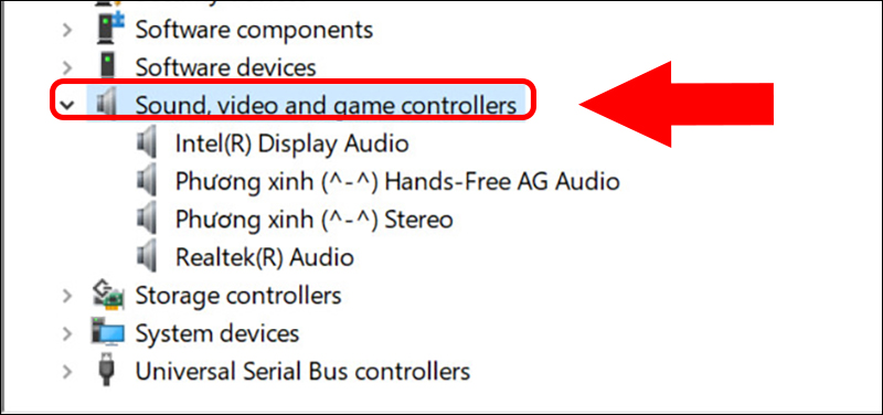 Chọn Sound, video and game controllers để cập nhật driver