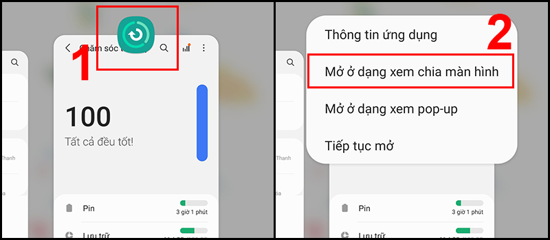 Thao tác mở ứng dụng ở dạng xem chia màn hình