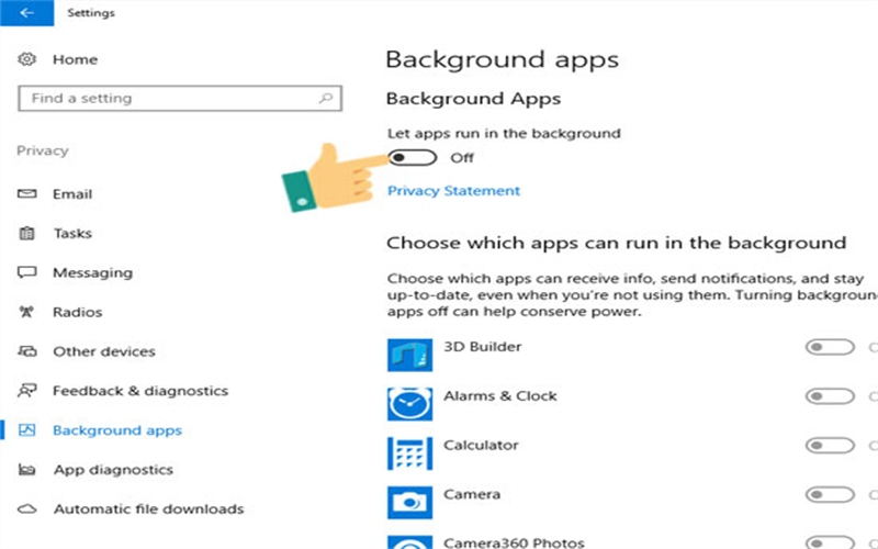 Tắt toàn bộ chúng đi tại phần Let apps run in the back ground