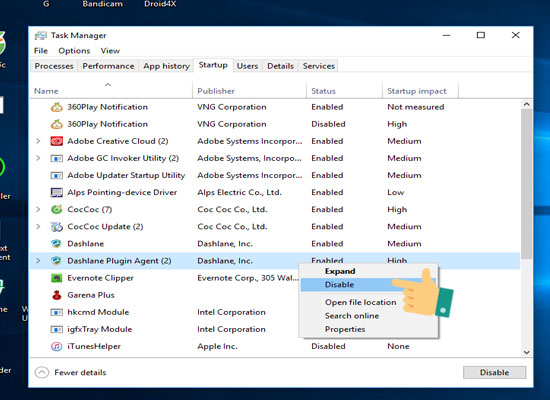 Chọn Disable để dừng phần mềm đang chạy
