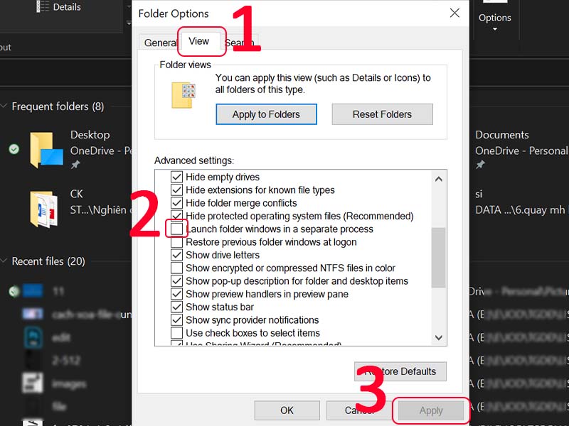 Không cho phép Launch folder windows in a separate process