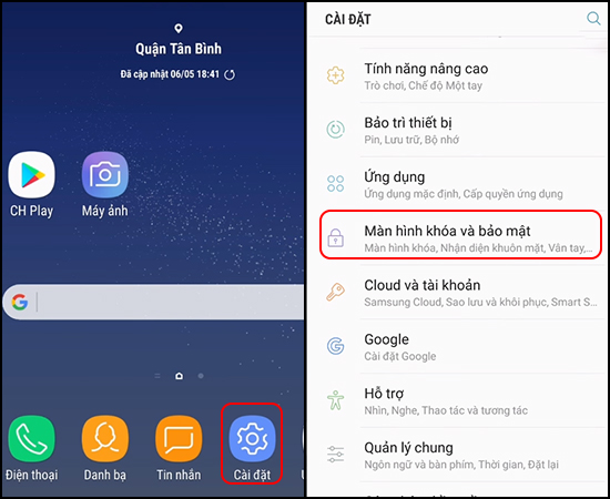 Chọn Màn hình khóa và bảo mật trong Cài đặt