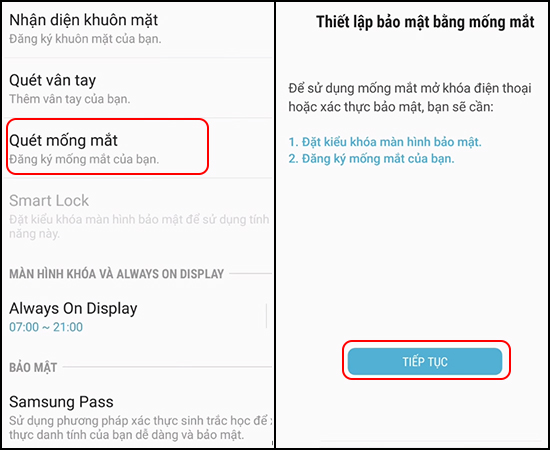 Chọn Quét mống mắt