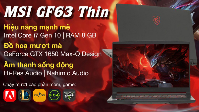 Laptop MSI Gaming GF63 Thin 10SC i7 10750H (480VN)