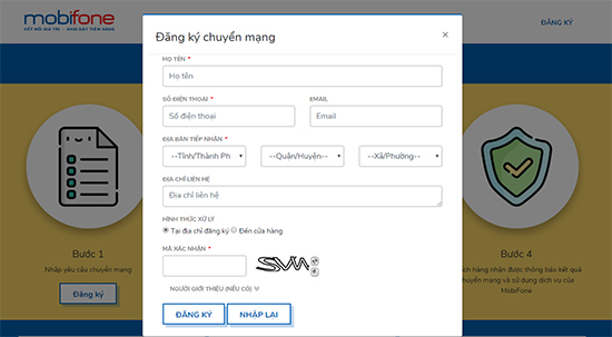 Form đăng kí thông tin của Mobifone