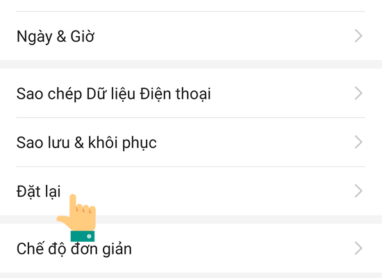 bấm vào đặt lại