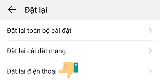 bấm vào đặt lại điện thoại