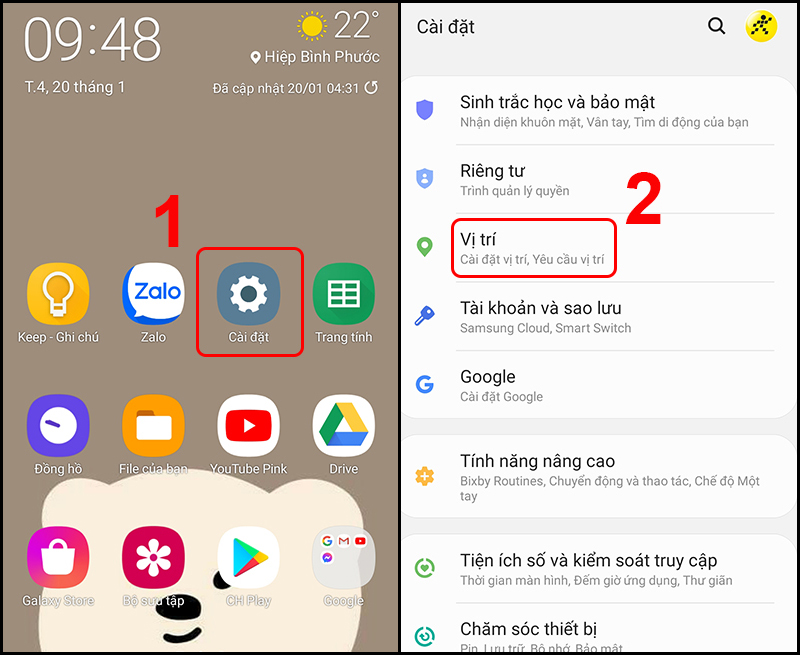 Mở mục Vị trí