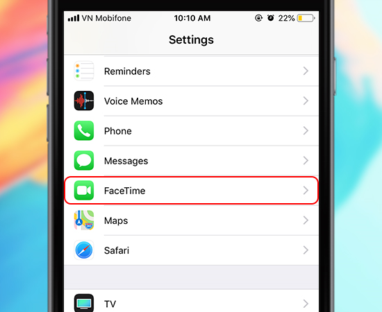Các bạn vào Settings (Cài đặt) tìm và chọn Facetime