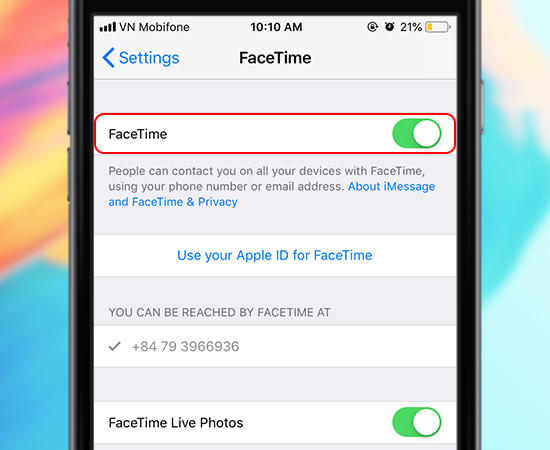 Ở mục Facetime này các bạn chọn Bật hoặc tắt Facetime