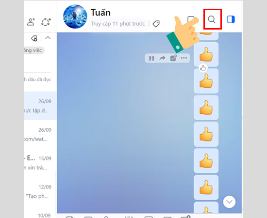 Chọn 1 cuộc trò chuyện bạn muốn tìm lại tin nhắn cũ, sau đó chọn biểu tượng kính tìm kiếm trong cuộc trò chuyện.