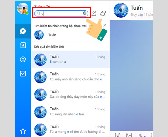 Bạn chỉ cần gõ kí tự của cuộc trò chuyện, Zalo sẽ quét tin nhắn và tìm giúp bạn các kết quả tốt nhất.