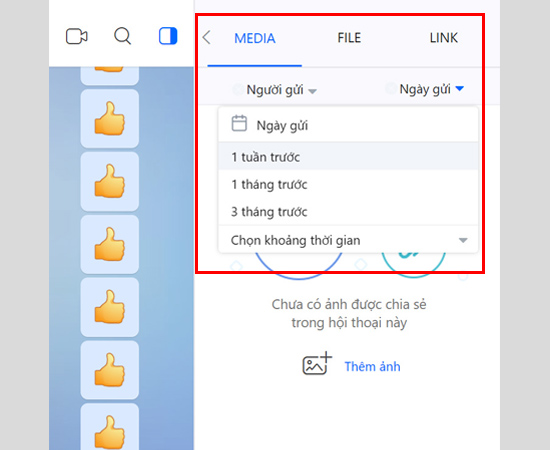 Ngoài ra bạn có thể tìm kiếm các ảnh hoặc file, link trong cuộc trò chuyện theo thời gian gửi.
