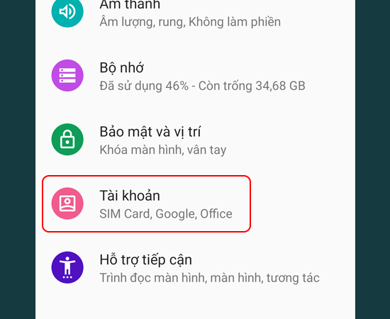 Bước 1: Vào Cài đặt > Chọn Tài khoản.