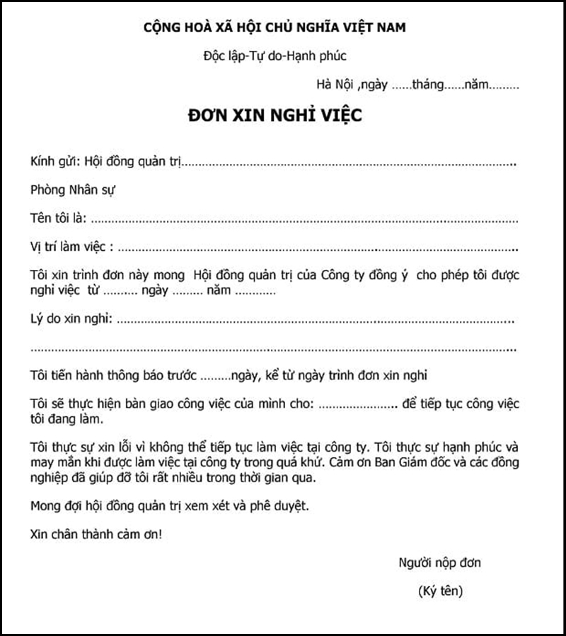 Đơn xin nghỉ việc chuẩn