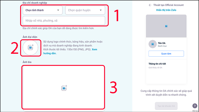 Nhập địa chỉ, ảnh đại diện và ảnh bìa