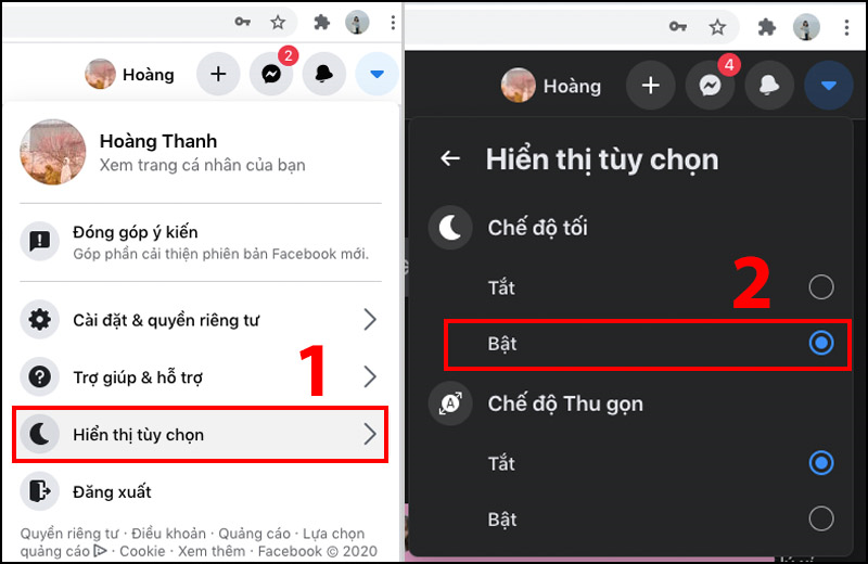 Chọn Bật hoặc Tắt tại mục Chế độ tối