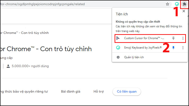 Nhấn vào Custom Cursor for Chrome™ ở biểu tượng tiện ích