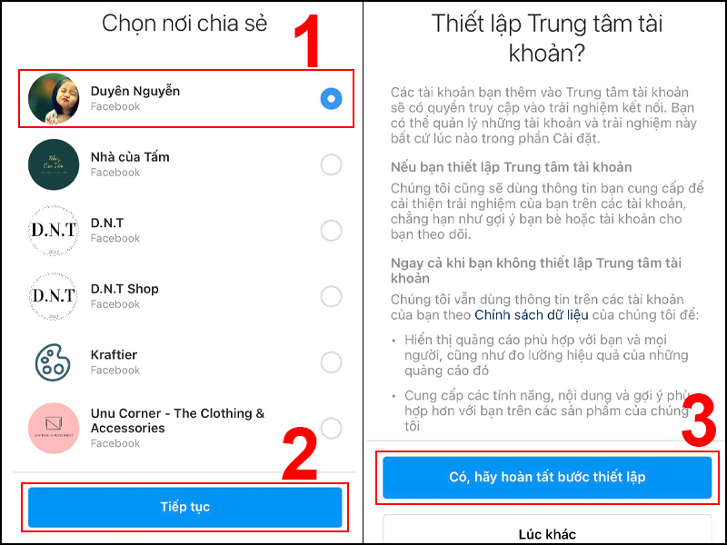 Chọn tài khoản Facebook sẽ được liên kết với Instagram