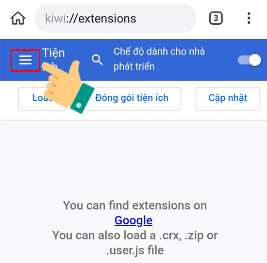 chọn biểu tượng ba gạch ngang góc trái màn hình