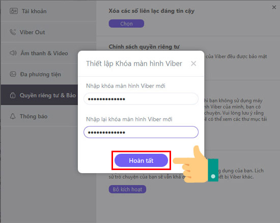 Thiết lập khóa màn hình Viber