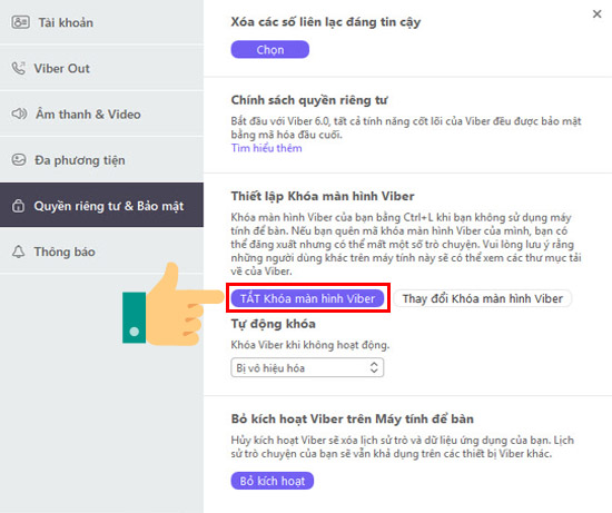 Tắt khóa màn hình Viber