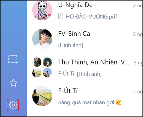 Bước 1: Đầu tiên bạn vào ứng dụng Zalo trên máy tính của mình > Biểu tượng cài đặt.