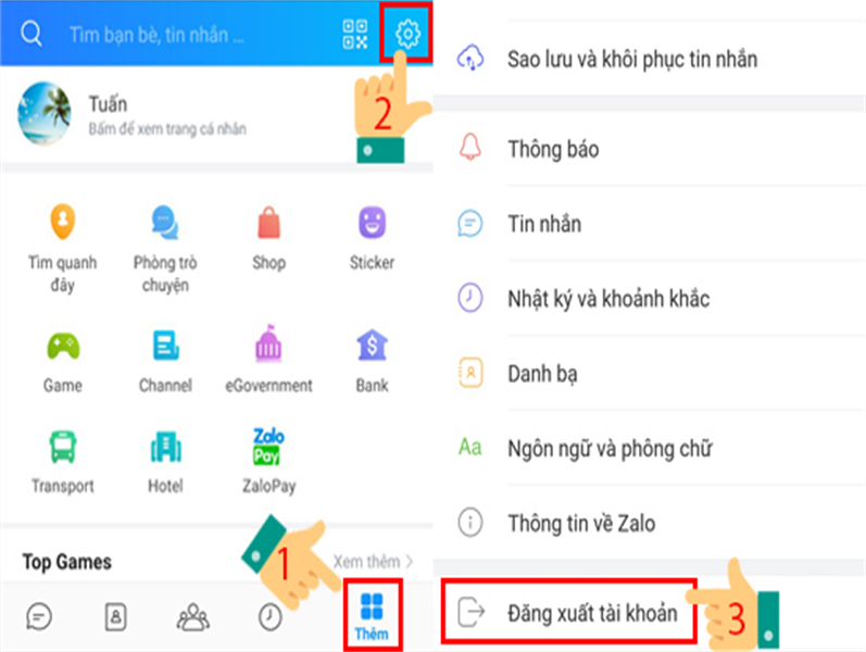 Bạn nhấp vào biểu tượng 4 ô vuông phía gốc phải dưới màn hình và hình bánh răng phía gốc phải trên màn hình để vào giao diện cài đặt đăng xuất tài khoản