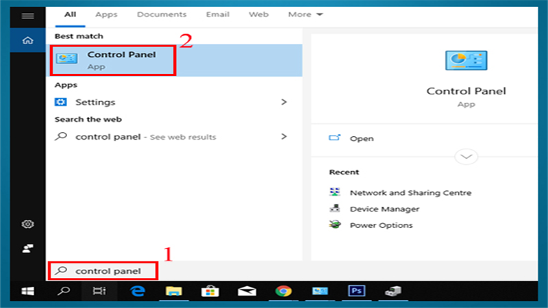 Nhấn Start menu và gõ tìm kiếm và nhận chọn Control Panel