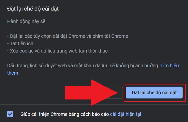 Xác nhận reset Chrome