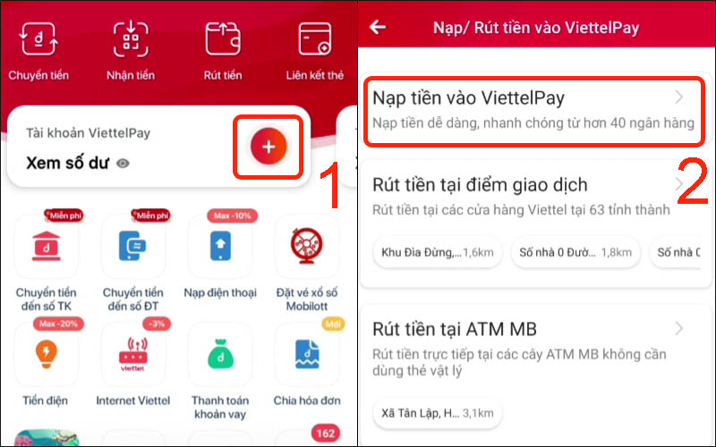  Chọn vào dấu + ở chỗ xem số dư rồi chọn Nạp tiền vào Viettel Pay