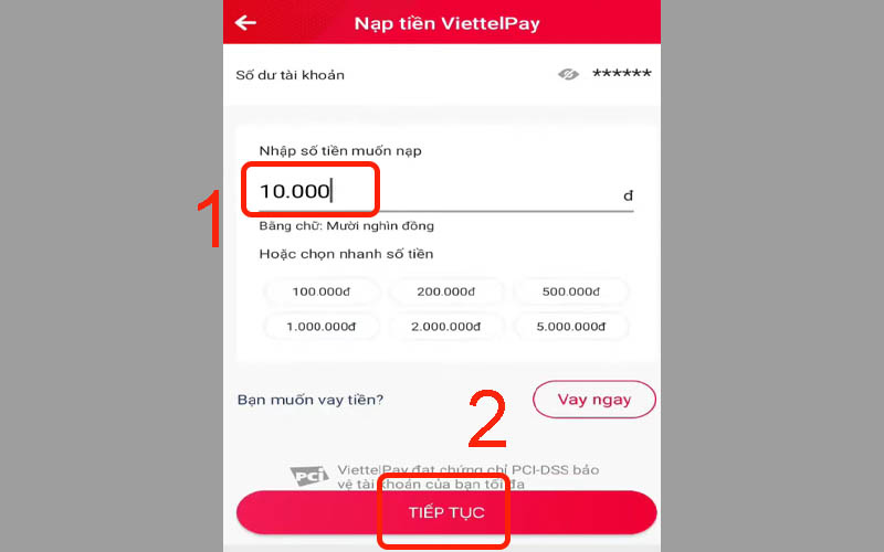 Nhập số tiền muốn nạp rồi chọn Tiếp tục