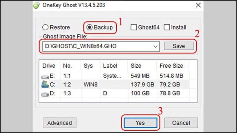 Vào Backup, sau đó lần lượt chọn file ghost và yes để sao lưu Windows
