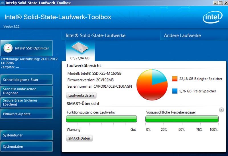 Giao diện phần mềm Intel Solid State Drive Toolbox