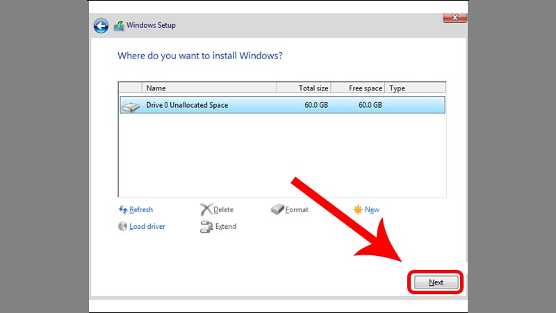 Chọn phân vùng ổ đĩa cài Windows 10 Lite