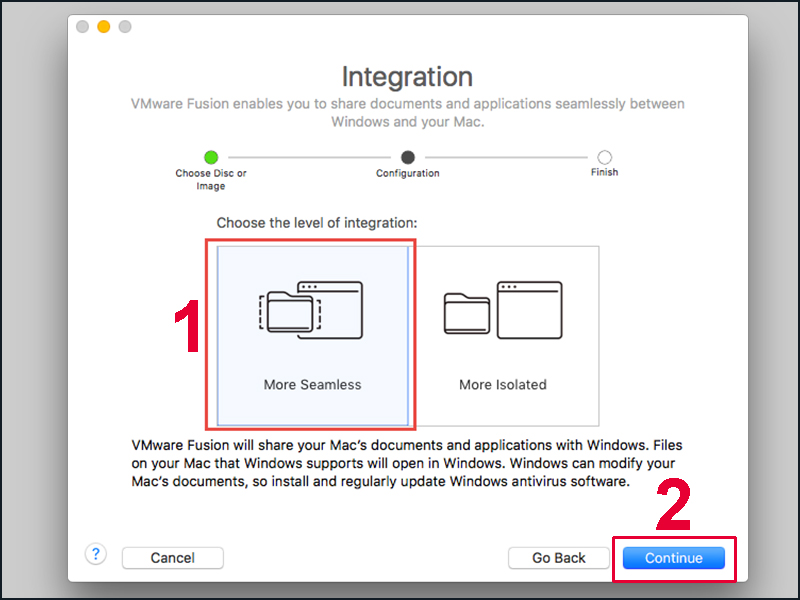 Bạn có thể chọn thiết lập dữ liệu đồng nhất hoặc riêng biệt giữa máy ảo Windows và MacBook