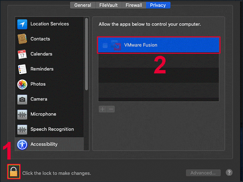 Hãy mở khóa và chọn biểu tượng VMware Fusion để cấp quyền
