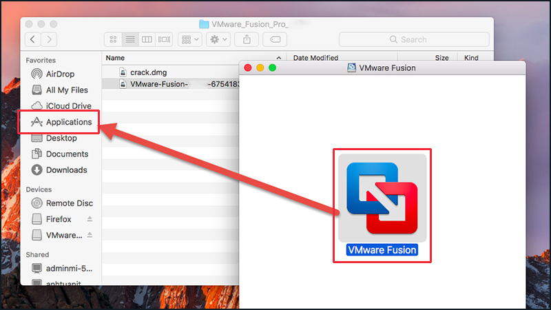 Kéo thả tệp VMware Fusion vào mục Applications để cài đặt