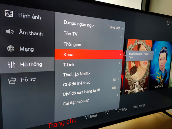 cài đặt hệ thống >> khóa