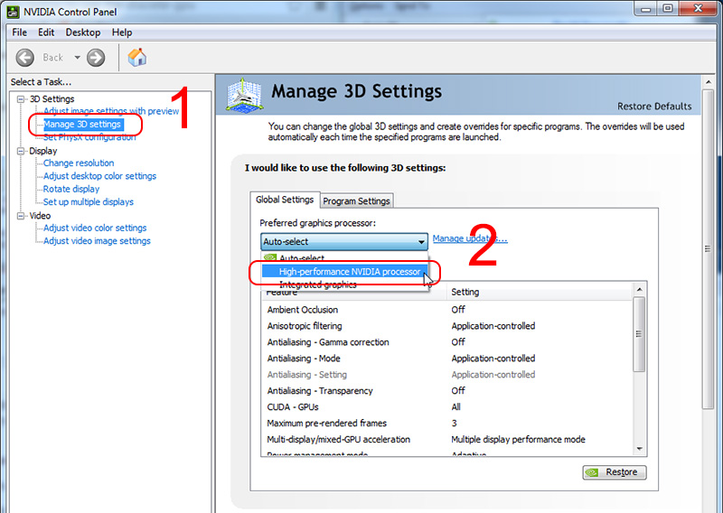 Mở phần Manage 3D settings