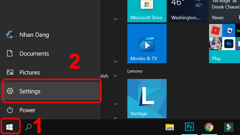 Nhấn vào biểu tượng Windows và chọn Settings
