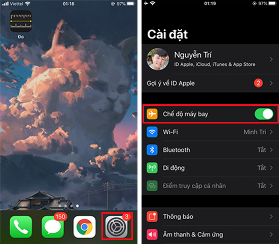 bật chế độ máy bay trên iphone